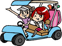 女性が2人でゴルフカートに乗っている画像